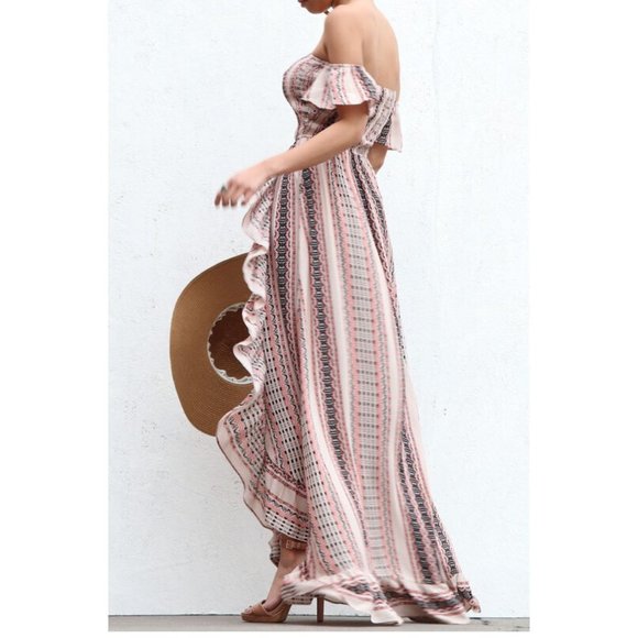 Boho Gypsy Peasant Smocked Off Shoulder Ruffle Maxi Dress Sundress - Picture 4 of 6